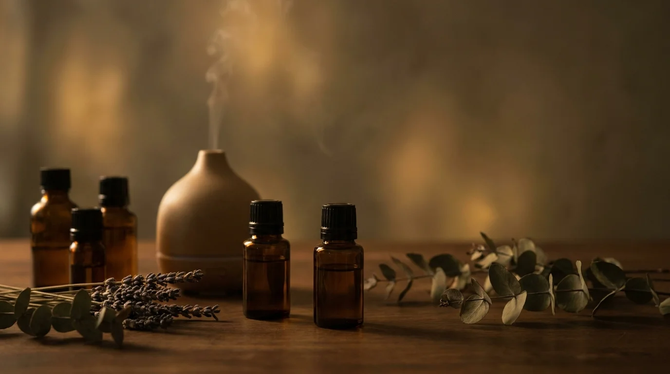 Amber essential oil bottles beside a ceramic diffuser